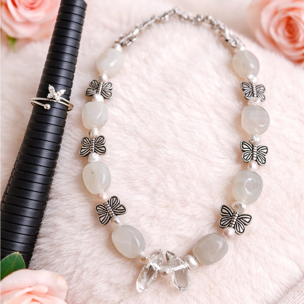 Boho Butterfly Jewelry Set Moonstone Quartz Crystal Necklace & Silver Tone Ring